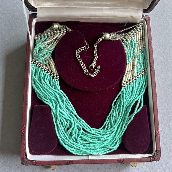 Turquoise Glass Silver Tone Seed Bead Bib Multi Strand Necklace Boho - Picture 11 of 12